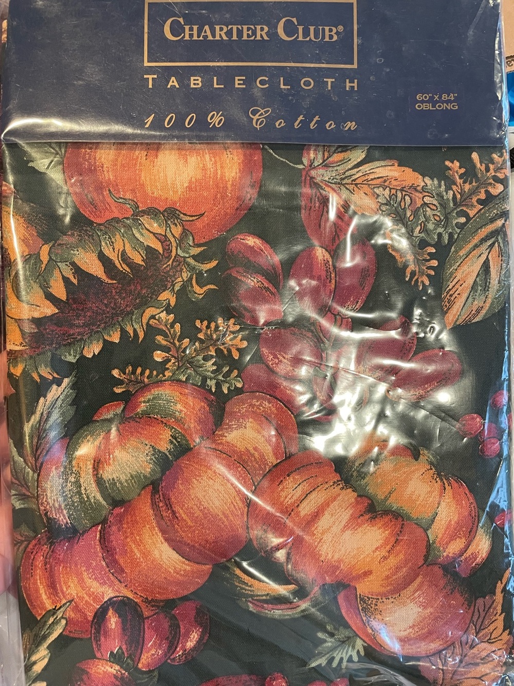 Charter Club Harvest Pumpkin Sunflower Cotton Tablecloth 60x84 Oblong NIP
